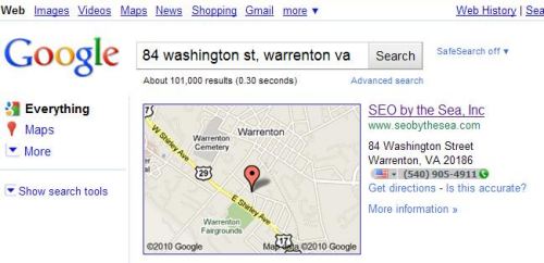 A Google Web search result showing a map of the location at the top of the results in a listing in a search for 84 Washington St., Warrenton, Va