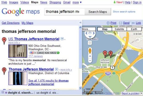A Google Maps screenshot showing two locations for the Jefferson Memorial