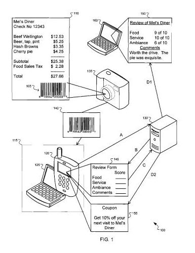 patent document showing a picture of a barcode being taken from a barcode, a review form appearing after the image is uploaded, and the review becoming available online.