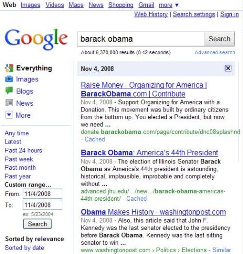 A custom date range search at Google for Barack Obama on November 4, 2008.