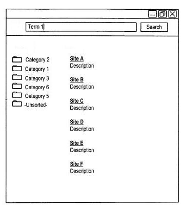 A screenshot from the patent showing search results in response to a query term with categories associated with the query in the left sidebar.