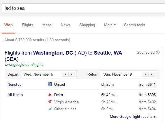 enriched flight snippet from Google