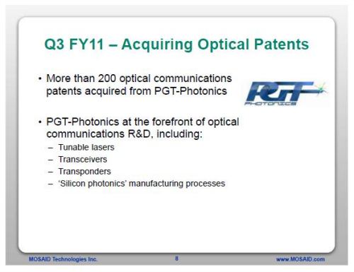 A slide from Mosaid's presentation on their third quarter Fiscal 2011 status, presenting the acquisition of 200+ patents from PGT Photonics.
