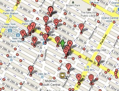 Google local map with pinpoints for pizza places near the Empire State Building
