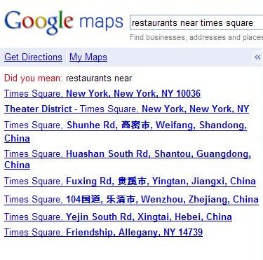 Google local search result for restaurants near times square showing links to refine the search.
