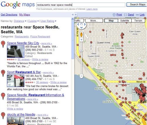 Google local search result for restaurants near space needle