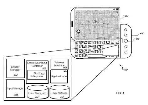 A screen shot from the Google patent on Glyphs, which shows a phone displaying a map, and an illustration of some of the aspects of the software underlying a map search using gestures.