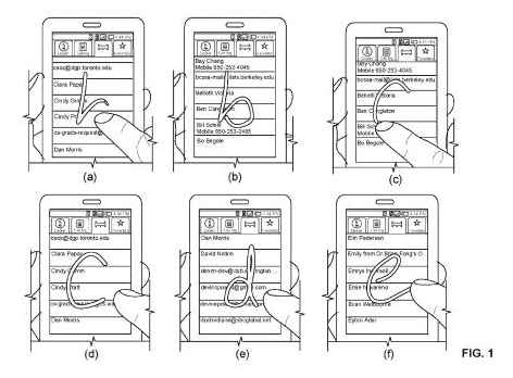 Six examples of gesture searches on a touch screen, from the Google patent on Glyphs.