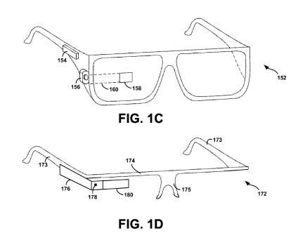 A screenshot from the patent application showing a camera attached to the sidebar of two different versions of Google Glass.