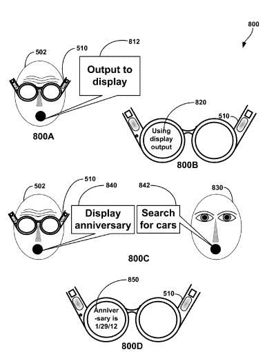 A group of three images, where a wearer of Google Glass requests an anniversary date, then requests the date be displayed while someone else tries to perform a search, and the date is then shown while the other request is ignored.