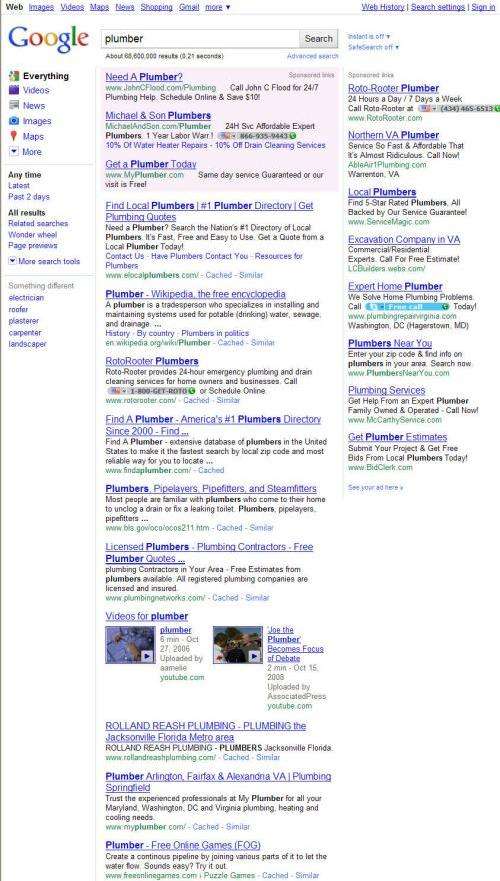 The first page of search results on a search for plumber on September 16, 2010, which doesn't show a local map result anymore.