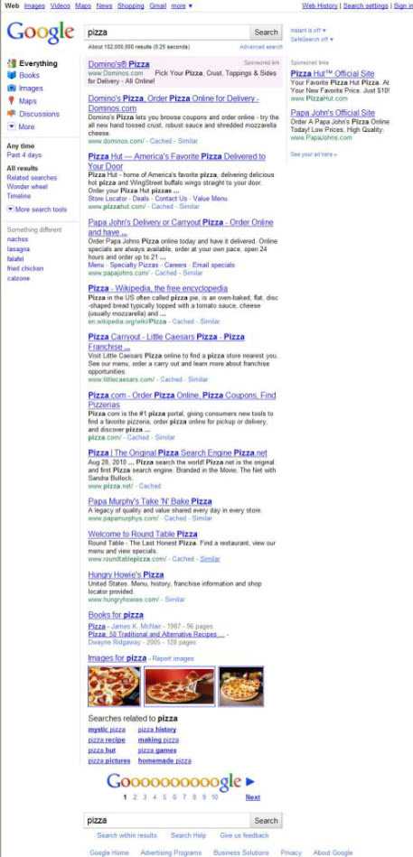 The first page of search results on a search for pizza on September 16, 2010, which doesn't show a local map result anymore.