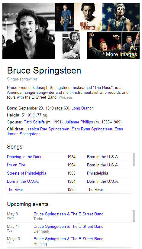 Bruce Springsteen in a knowledge panel in Google for Mark Twain, using his pen name as the title, but his real name to start a summary.