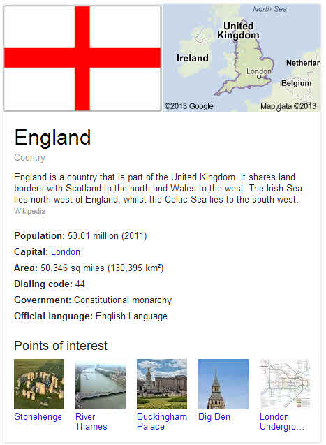 The panel that shows up for England, with flag, map, facts, and points of interest.