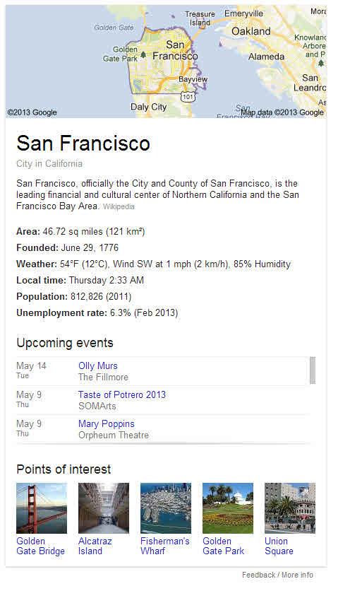 The San Francisco knowledge panel, with a very interesting events section.