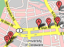 Locations of pizza shops around a centerpoint, mostly based upon a distance score.