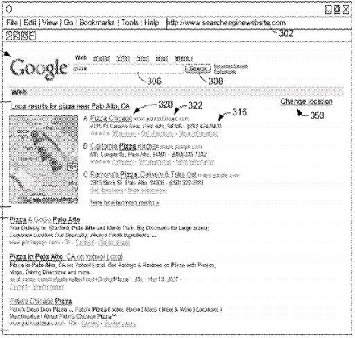 A screenshot from the patent showing Google Local search results in Google Web results.