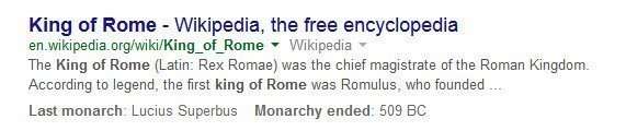 query and question answering results to king of rome