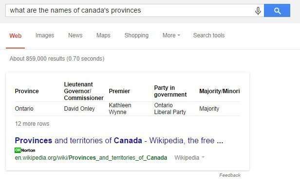 A query about Canada's Provinces with a table in the search snippet
