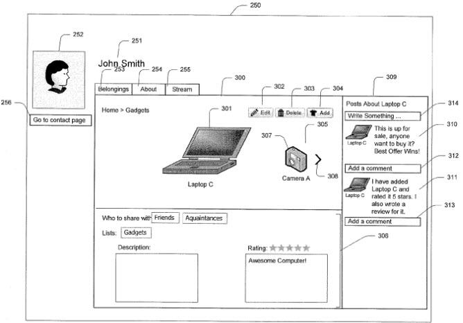 A screenshot from the patent showing the user interface for adding and rating your belongings.