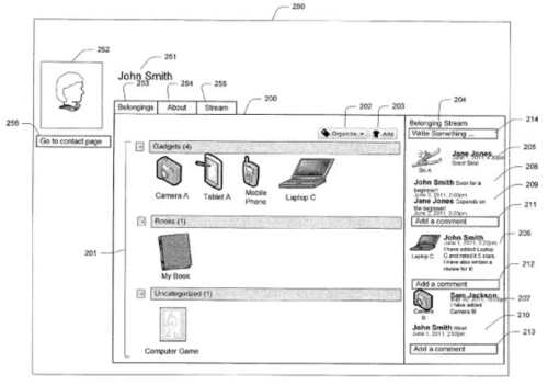 A screenshot from the patent showing the user interface for showing off your belongings