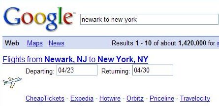 search result from Google showing flight information form.