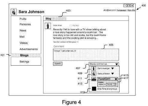Screenshot from patent showing an interface to select a persona.
