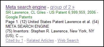 search result from Google Scholar showing a Google Patent entry for a meta search engine.