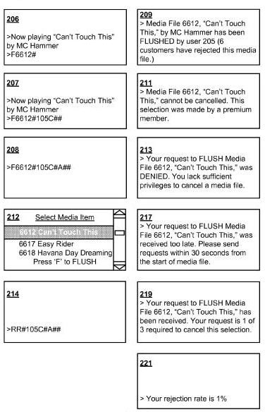 Interface screens from a cellphone system that enables visitors to a physical establishment to view upcoming scheduled music and reject selections to be played.