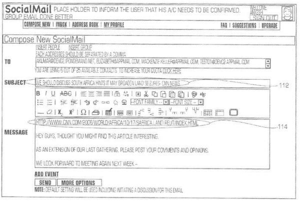 The Grouptivity Social Mail interface, showing fields to enter a subject line and a message, as well as formatting features, and a link to a profile page