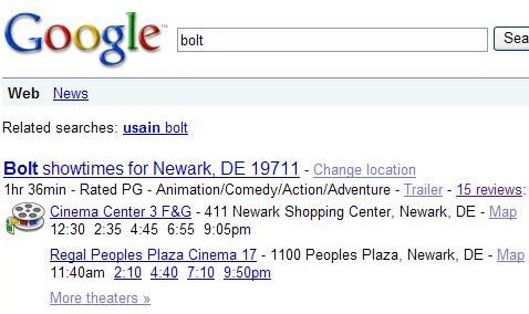 screenshot of local movie search results