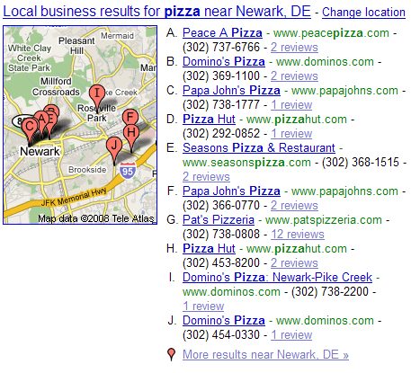 screenshot of local pizza results