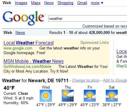 screenshot of local Google Weather results