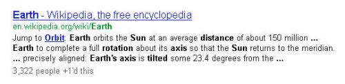 A three-line search result for a query about Earth's rotational axis and distance from the Sun.