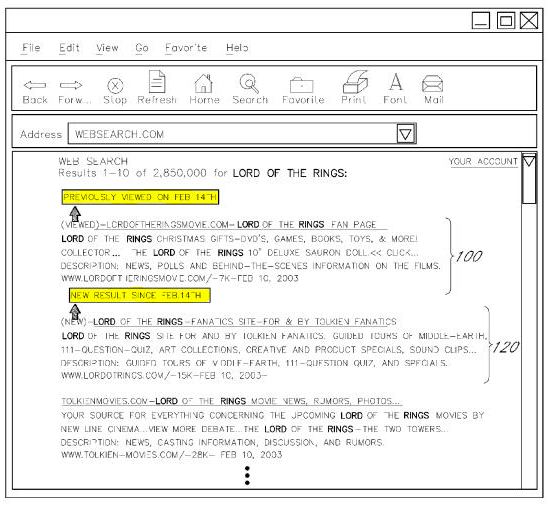 A screenshot showing search results annotations in them like the date of the last visit to a page, and the addition of a new page to previously seen search results.