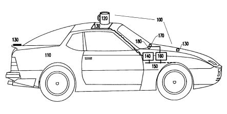 A screenshot from the patent showing the locations of sensors on a car, and a beverage left atop the car.