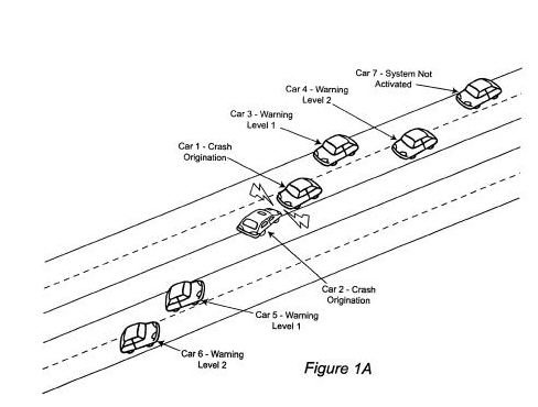 A screenshot showing a streetview with a pending collision and cars in multiple lanes being warned by this collision warning system.