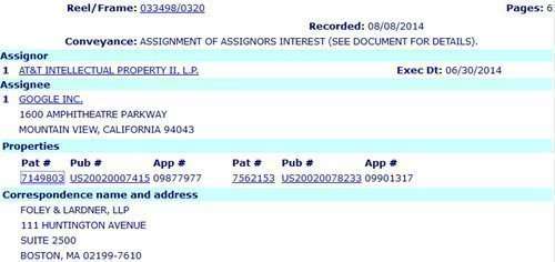 USPTO Database showing Assignment of AT&T patent to Google