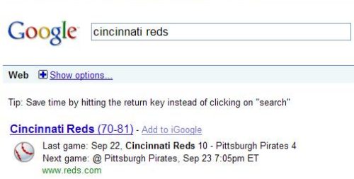 onebox search result showing the score of the last Cincinnati Reds game, and the date of the next game.