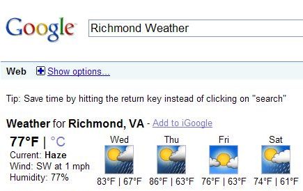 onebox search result showing the weather forecast in the Richmond Virginia area.