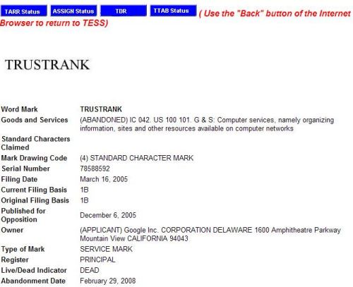 TESS search result for TrustRank showing a service mark claim abandoned on February 29, 2008.