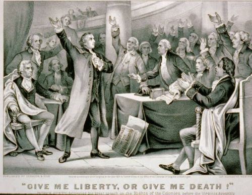 Patrick Henry at the Virginia Assembly, giving a speech that spread quickly across the colonies.