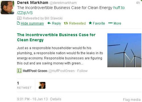 A tweet that I retweeted on Twitter about the business case for clean energy.