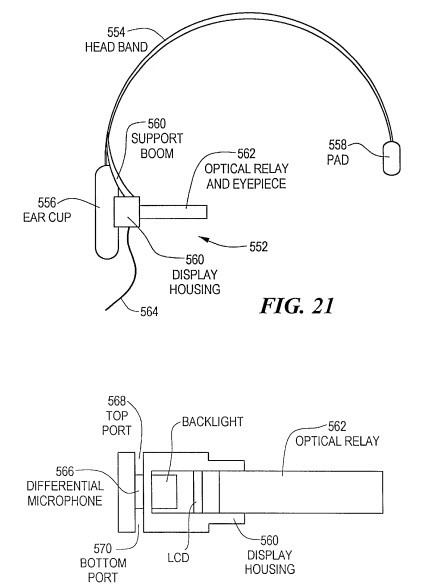 This patent shows more of the eyeglass system and includes a directional microphone, speakers and a headband that goes over top of someone's head.