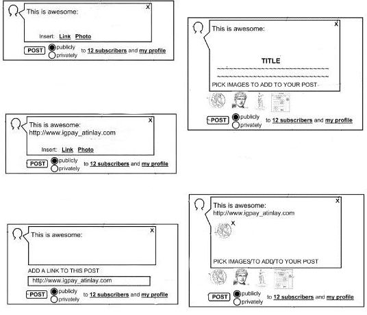 Some interface images from the patent that is similar in many ways to Google Plus, and the ability to add links and images to posts and to decide between sending posts to subscribers or making them public.