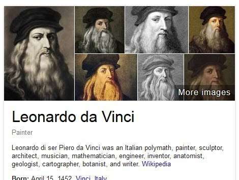The images at the top of a knowledge Card on a query for Leonardo Da Vinci
