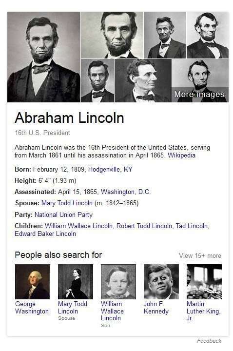 A knowledge Carld that appears on a query for Abraham Lincoln's name.