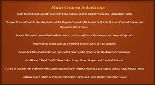 The main course choices at the Inn at Little Washington