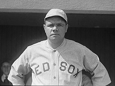 Babe Ruth, well known as a New York Yankee, in a Red Sox uniform.