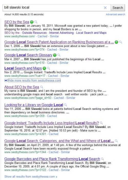 Google search results on a search for [bill slawski local] showing 4 results at the top, and an expanded plusbox with 5 additional results.